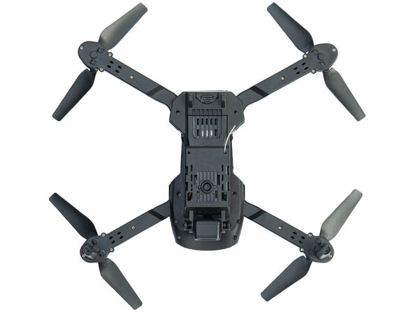 Drone Simulus GH-730 vu de dessous montrant les hélices, le capteur de flux optique et le compartiment batterie