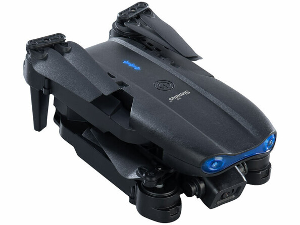 Drone Simulus GH-730 replié vu de dessus avec bouton d’alimentation et nom de marque Simulus visible