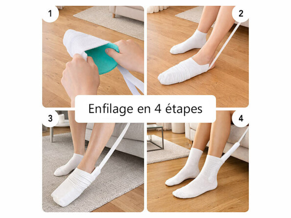 Enfile-chaussettes et bas mis en situation avec enfilage en 4 étapes