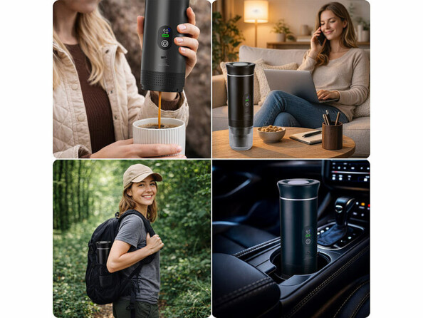 Machine café nomade rechargeable mise en situation dans différente environnements avec mannequins