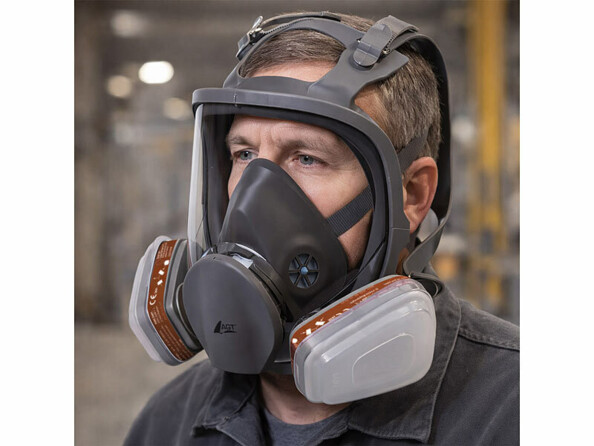 Masque de protection respiratoire intégral réutilisable AS-110 porté par un homme