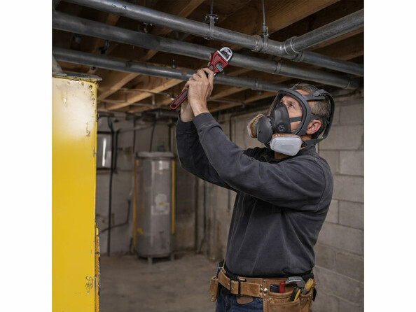 Masque de protection respiratoire intégral réutilisable AS-110 porté par un homme bricolant