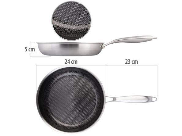 Poêle antiadhésive en acier inoxydable Ø 24 cm vue sous différents angles avec dimensions en cm