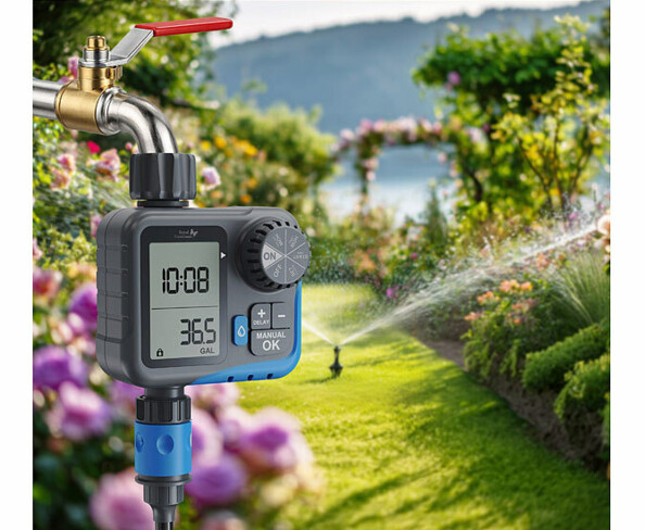 Programmateur d'arrosage BWC-640 et compteur d'eau mis en situation sur un robinet et avec un arroseur dans un jardin