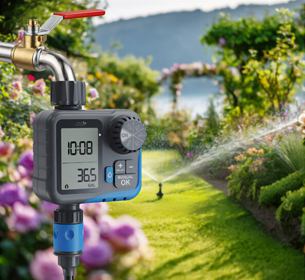 Programmateur d'arrosage BWC-640 et compteur d'eau mis en situation sur un robinet et avec un arroseur dans un jardin