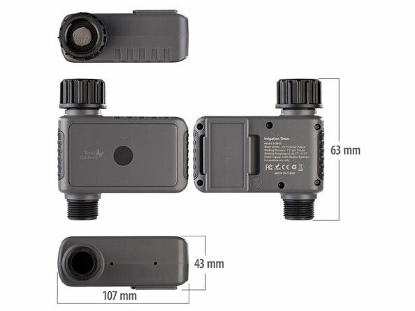 programmateur d'arrosage télécommandé BWC-625.FB sous différents angles avec dimensions 107 x 65 x 40 mm