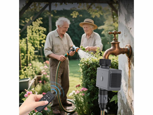 programmateur d'arrosage télécommandé BWC-625.FB mis en situation dans un jardin avec deux personnes âgées arrosant