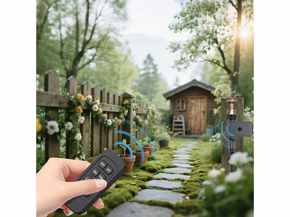 programmateur d'arrosage télécommandé BWC-625.FB avec mise en situation dans un jardin