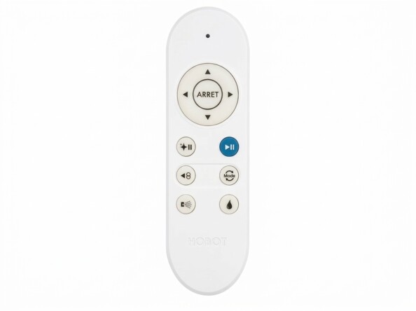 Télécommande blanche du robot lave-vitres Sichler PR-410 avec pavé directionnel, bouton Arrêt et touches de commande