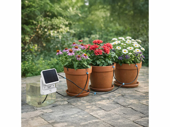Système d'irrigation solaire autonome connecté BWC-645 mis en situation sur une terrasse avec 3 pots de fleurs