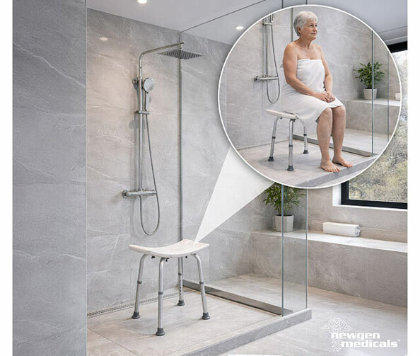Tabouret de douche antidérapant réglable en hauteur mis en situation dans une douche italienne avec personne âgée