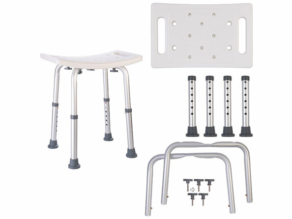 Tabouret de douche antidérapant réglable en hauteur vu de face et éclaté