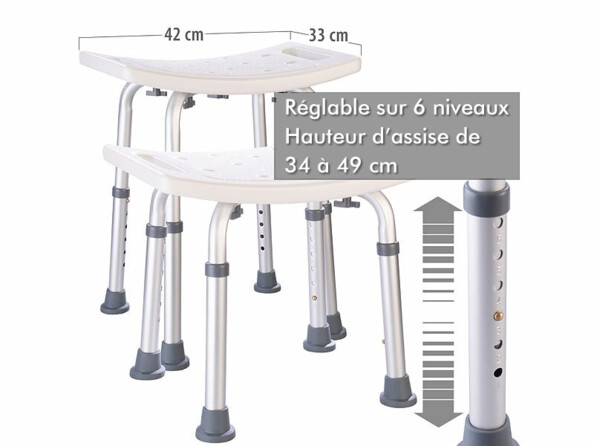 Tabouret de douche antidérapant avec texte réglable en hauteur de 34 à 49 cm