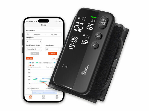Tensiomètre bras connecté OB-325 rechargeable avec smartphone affichant application