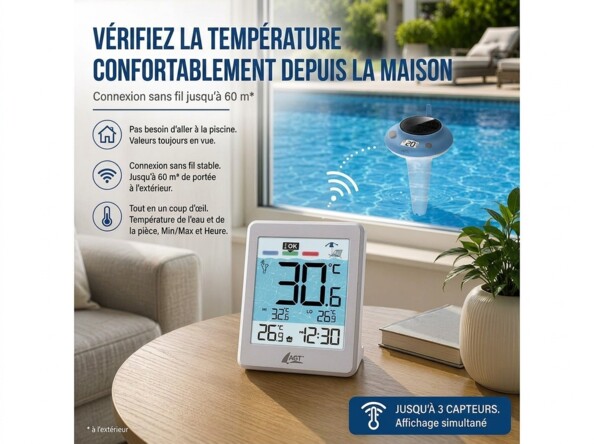 Récepteur sur table en bois, piscine visible par la fenêtre avec sonde flottante bleue et liaison sans fil
