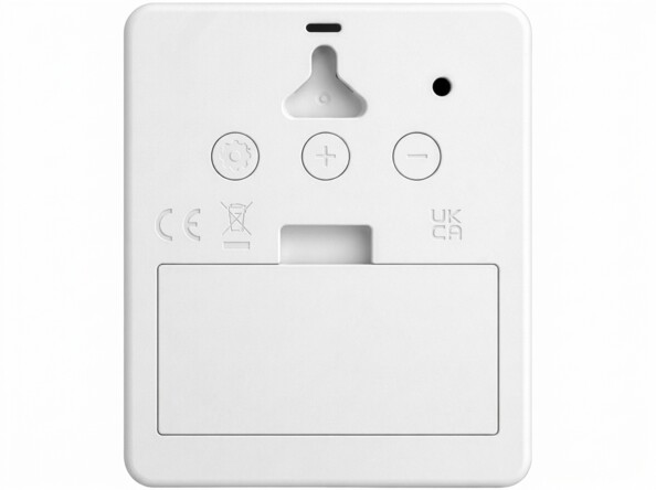Face arrière du récepteur blanc avec accroche murale, trois boutons, logos CE et UKCA, compartiment piles