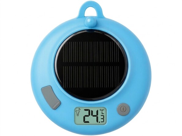 Thermomètre solaire rond bleu, écran LCD affichant 24,3°C, panneau photovoltaïque central et deux boutons gris