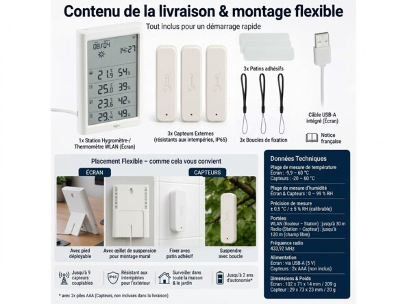 Contenu de la livraison de la station météo avec étiquettes et capteurs