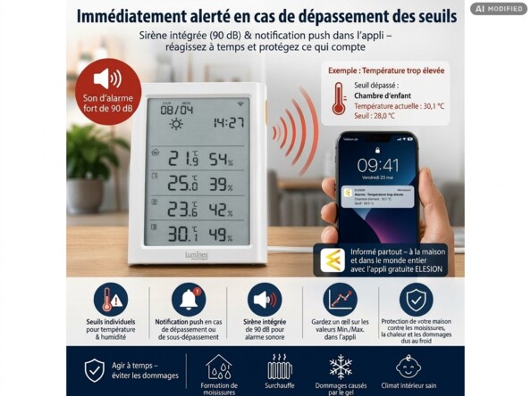 Station météo connectée avec sirène d'alarme 90 dB et application