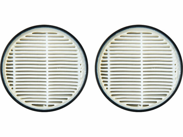 Deux filtres circulaires blancs à lamelles horizontales avec bordure noire, côte à côte sur fond blanc