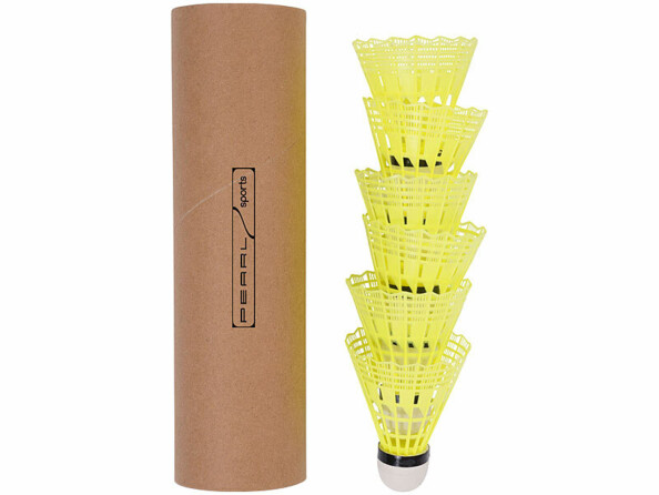 6 volants de badminton en nylon couleur jaune empilés et tube de transport vus de face