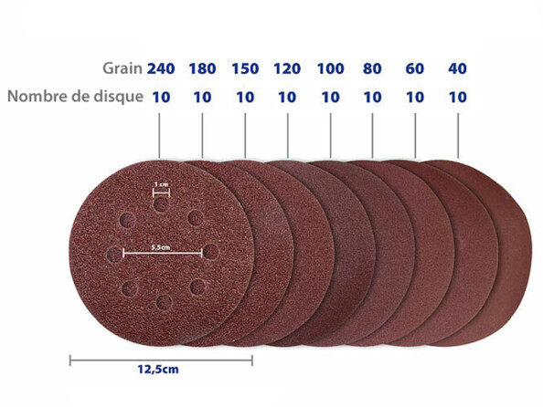 80 disques papier de verre Ø 125 mm P40 - P240 pour ponceuse excentrique