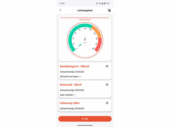 Capture écran application Leistungstest avec jauge 0-200 km/h et bouton Start