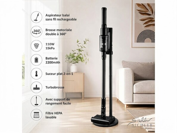 Aspirateur sans fil rechargeable 15 kPa BHS-750 avec double brosse motorisée