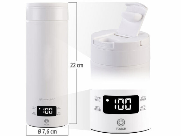 Bouilloire de voyage 500 ml et gourde isotherme vue de face avec bouchon dévissé