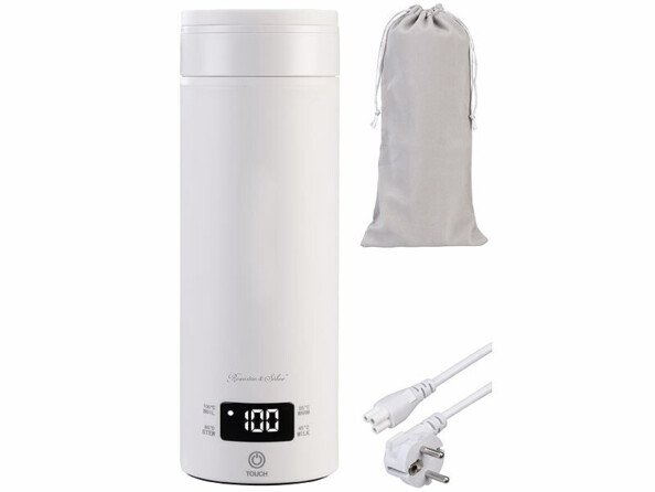 Bouilloire de voyage 500 ml et gourde isotherme vue de face avec bouchon dévissé