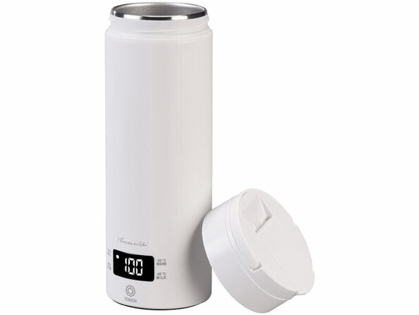 Bouilloire de voyage 500 ml et gourde isotherme vue de face avec bouchon dévissé