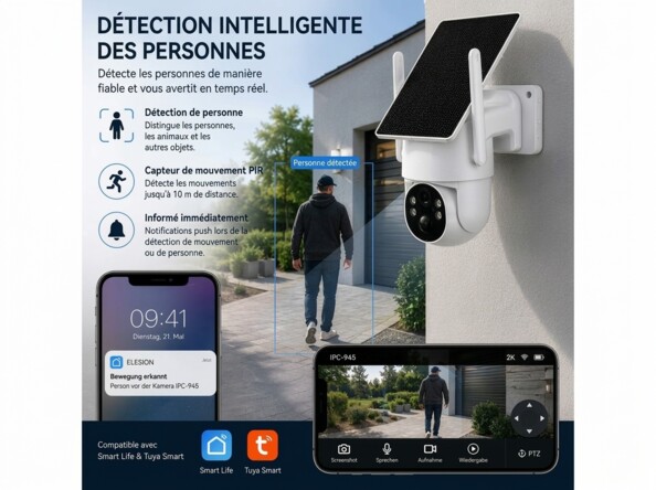 Caméra de surveillance solaire connectée Pan-Tilt 2K IPC-945