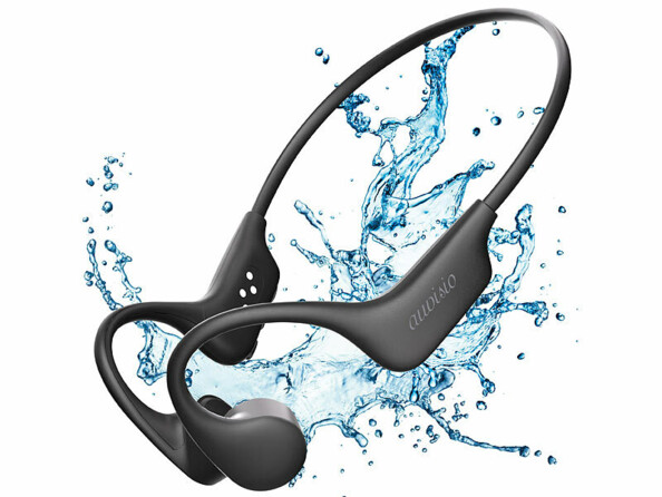 Casque ostéophonique étanche OHS-410.bt bluetooth 5.4 vu de coté avec des éclaboussures
