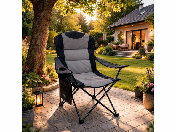 Chaise de camping pliable avec accoudoirs mise en situation dans un jardin