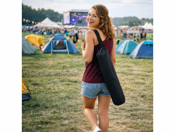 Chaise de camping pliée transportée par une campeuse dans un festival