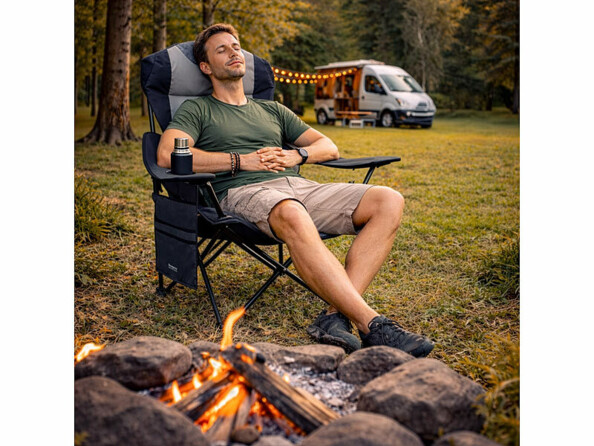 Homme en bivouac sur une chaise de camping pliable avec accoudoirs
