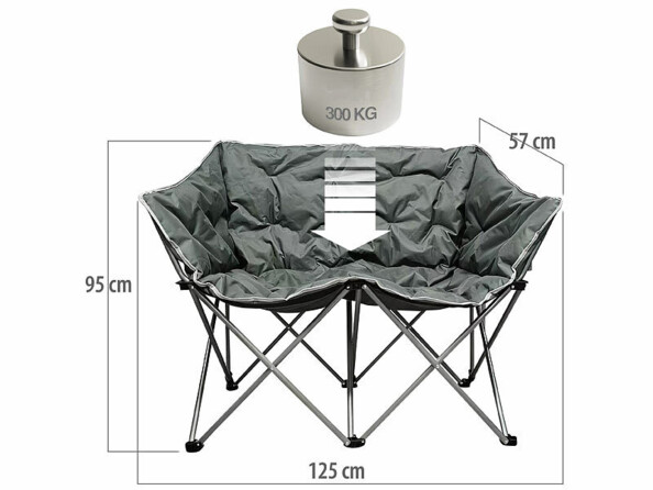 Chaise de camping pliable pour 2 personnes de face avec dimensions en cm et poids supporté