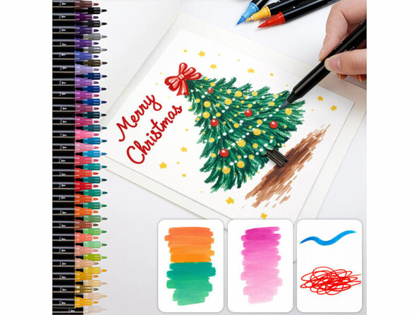 Coffret de 48 feutres acryliques à double pointe avec mise en situation sur carte de voeux
