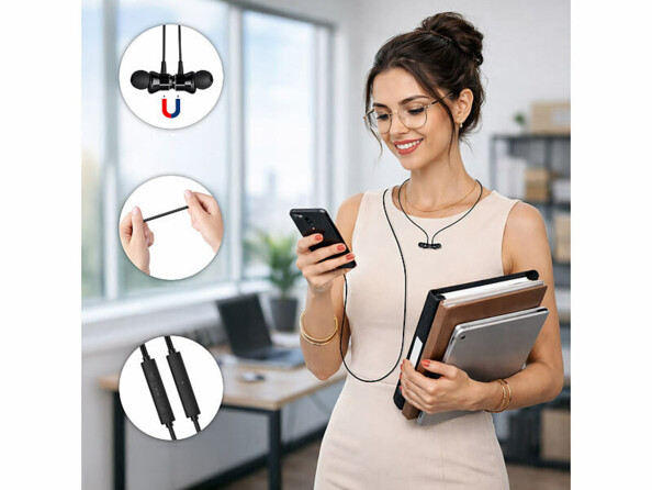 Écouteurs intra-auriculaires filaires USB-C portés par une femme et vignettes avec zzom