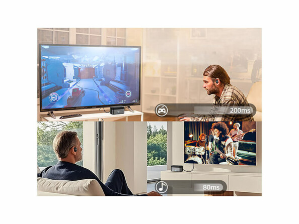 Écouteurs TV sans fil mis en situation avec mode gaming et musique