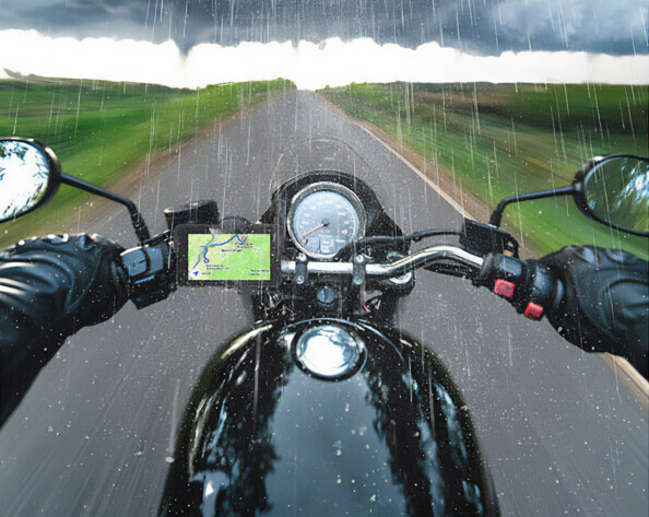 Écran 5" pour moto compatible CarPlay, Android Auto mis en situation au guidon d'une moto sous la pluie