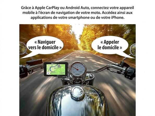 Écran 5" pour moto compatible CarPlay et Android Auto mis en situation sur guidon de moto et texte avec assistants vocaux