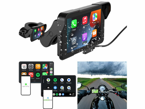 Écran 5" pour moto compatible CarPlay et Android Auto avec mise en situation sur guidon de moto et logos android et carplay
