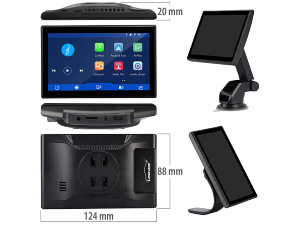 Écran tactile IPS HD 7" CAS-5065 compatible Apple CarPlay et Android Auto vu sous différents angles