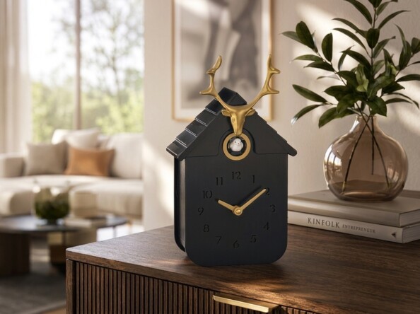 Horloge à coucou en bois avec tête de cerf - noir et doré