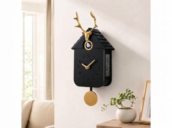 Horloge à coucou en bois avec tête de cerf - noir et doré