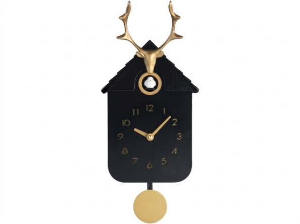Horloge à coucou en bois avec tête de cerf - noir et doré