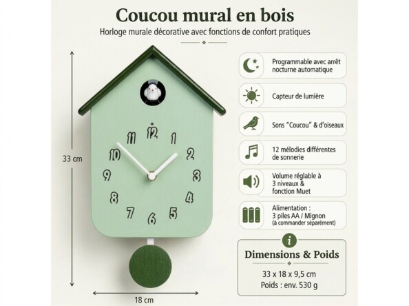 Horloge à coucou en bois - coloris vert