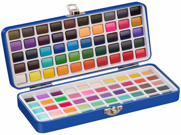 Boîte métalliques avec 100 teintes d'aquarelle ouverte