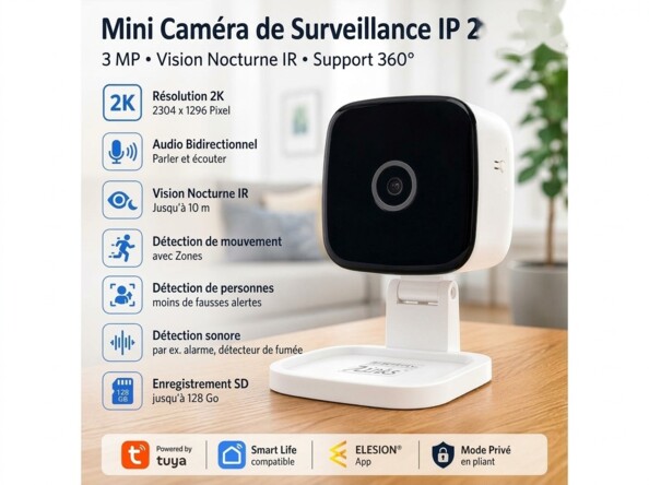 Mini caméra connectée IP 2K IPC-245 avec vision nocturne IR et support 360°